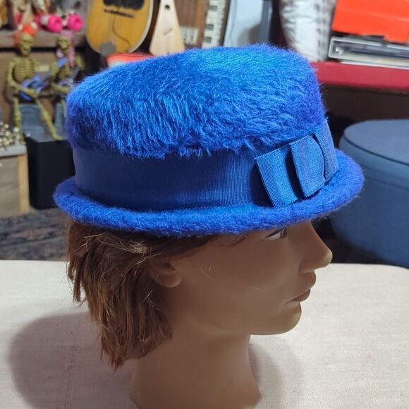 Claude Saint Cyr Paris Vintage Women’s Blue Fur Hat Satin Bow - Picture 3 of 6